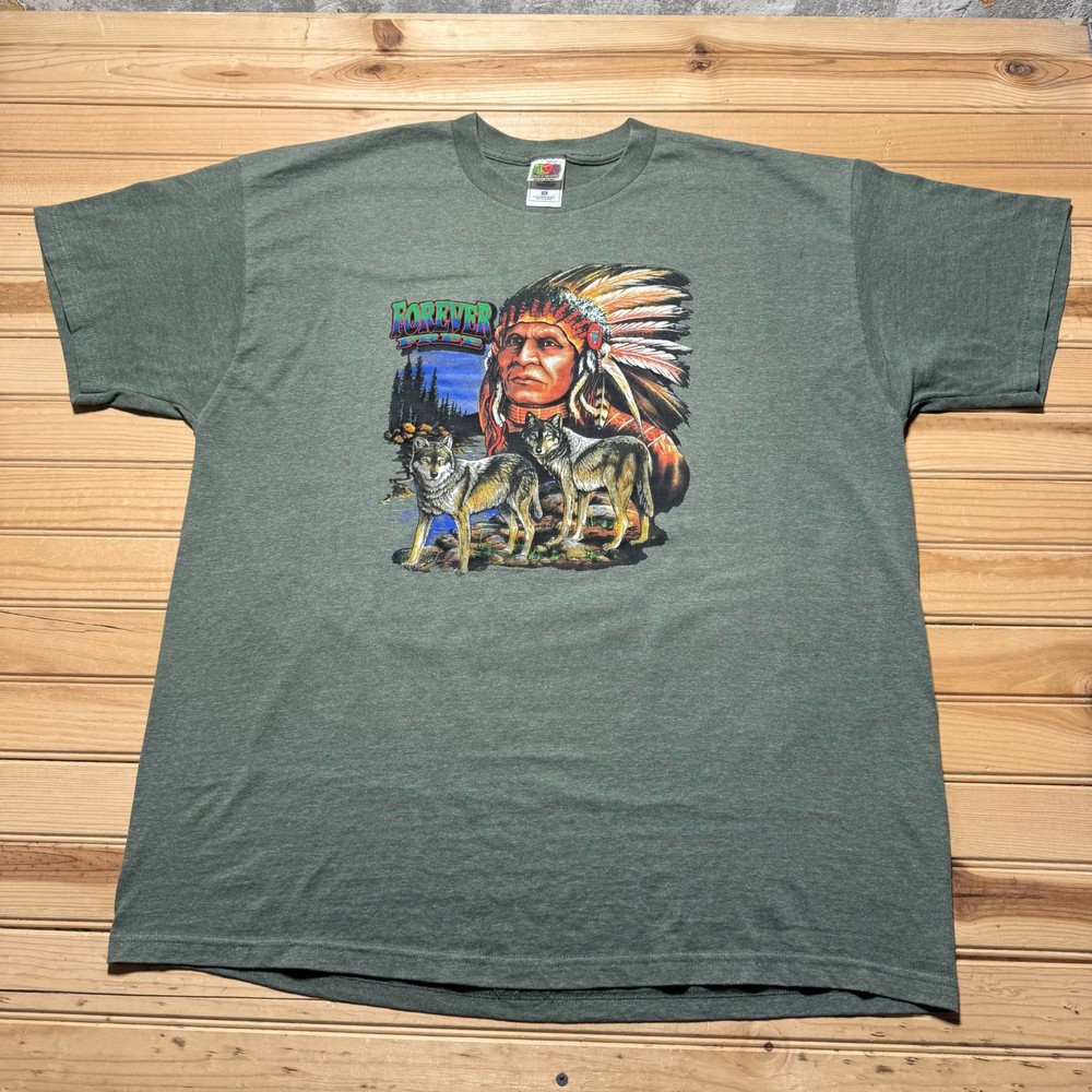 Vintage 90s Forever Free Native American Wolf Heather Graphic T-Shirt - Size XXL