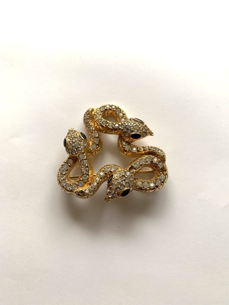 Vintage RADIANCE Triple Snake Brooch Gold Tone Rhinestone Statement Pin