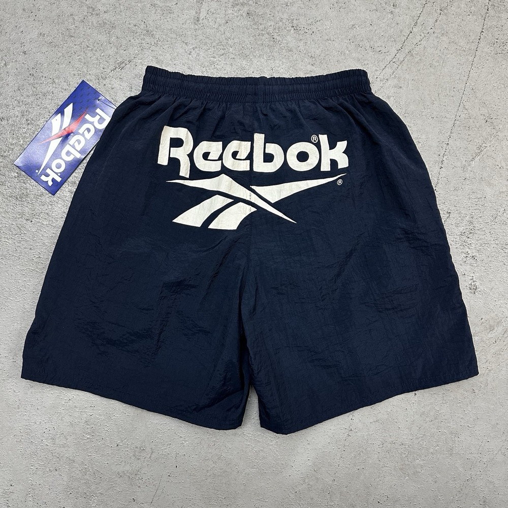 Vintage Reebok Big Logo Nylon Athletic Shorts Mens S Navy 90s Deadstock Tennis