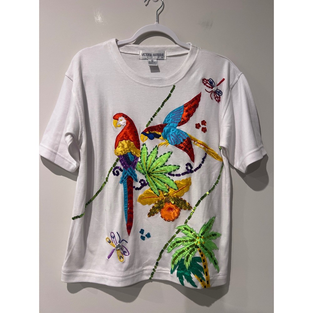 Victoria Harbour Women's Retro White Tropical Parrot Embroidered Sequin Shirt