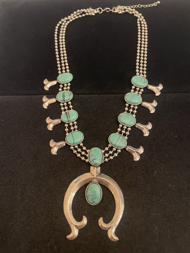 Vintage GOLDETTE Faux Turquoise & Silver Tone Squash Blossom Necklace  *Read*