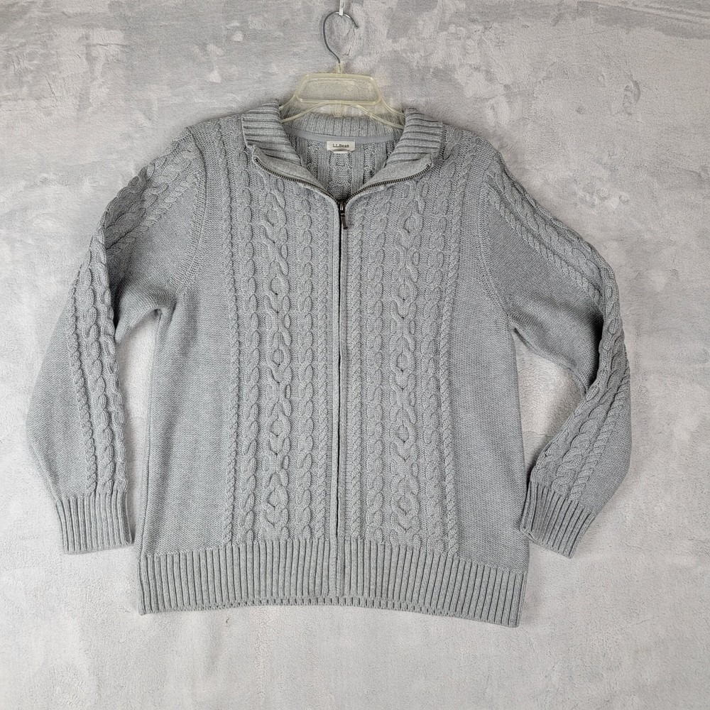 LL Bean Sweater Womens Large Petite Gray Cardigan Cable Knit Full Zip Classic