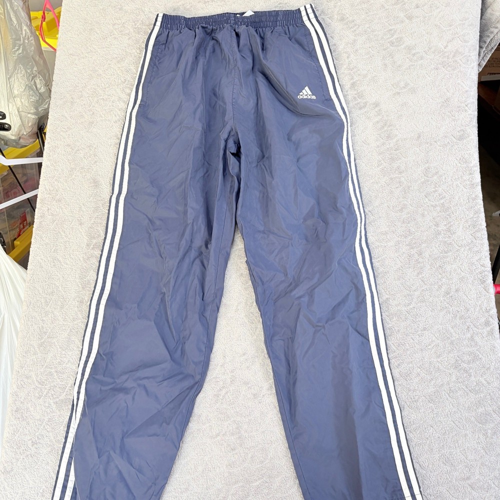 Vintage Adidas Tear Away Track Pants Navy Blue White Stripe Snap Button Mens L