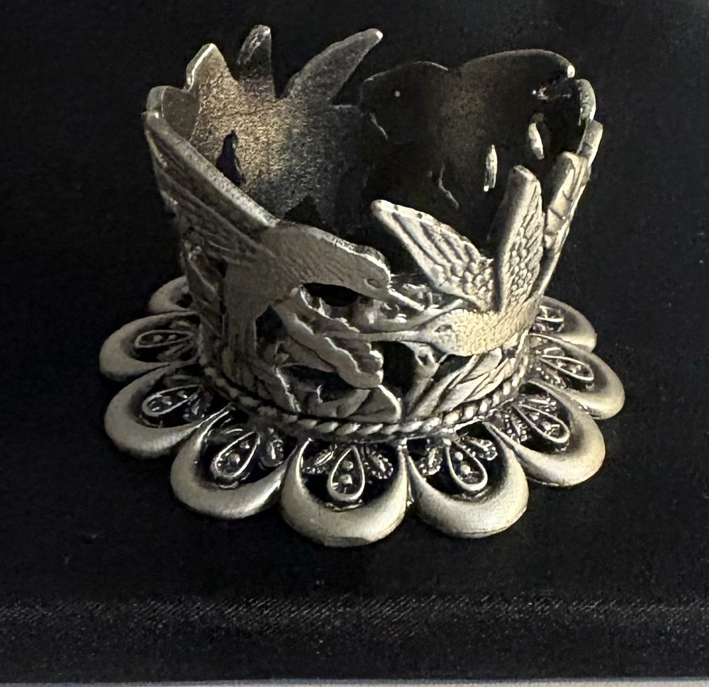 M.T. Pewter Votive Candle Holder With Intricate Humming Bird And Floral Design