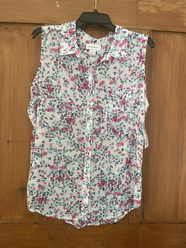 NWT Liz Claiborne Raspberry Sorbet Pink Teal White Blouse Floral L Women’s