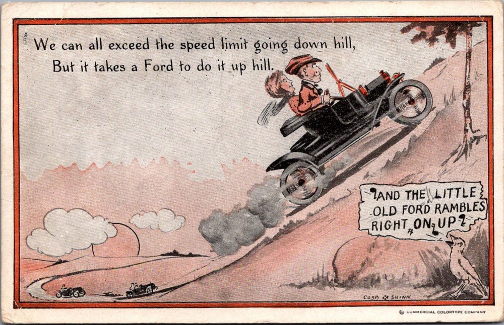 1913 Ford Model T Hill Climb Cartoon Postcard Cobb & Shinn Commercial Color