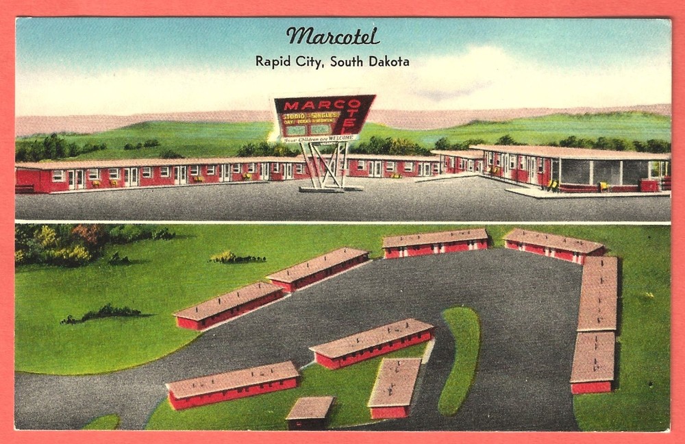 MARCOTEL, RAPID CITY, SOUTH DAKOTA – Artist Sketch – Black Hills -1950s Postcard