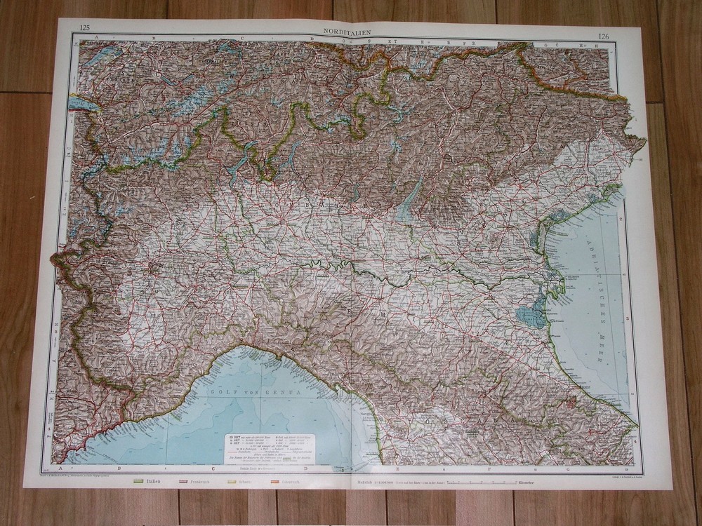 1930  Original Vintage Map Of Northern Italy Venice Milan Turin Lombardy