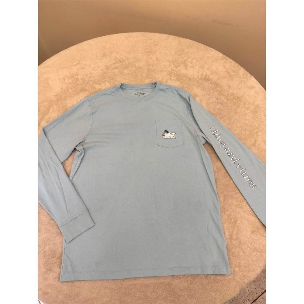 Vineyard Vines Boys XL Long Sleeve Pocket T-Shirt Light Blue Snowman Whale