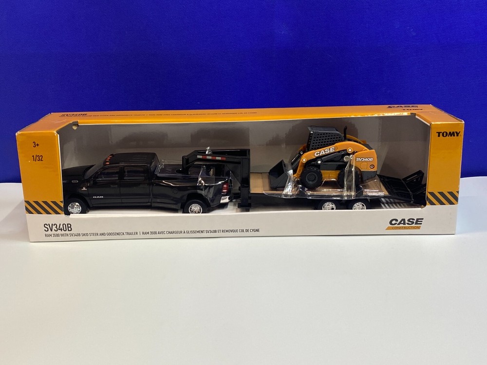 TOMY 1/32 SCALE DODGE RAM DUALLY & GOOSENECK TRAILER W/ CASE SV340B SKIDSTEER