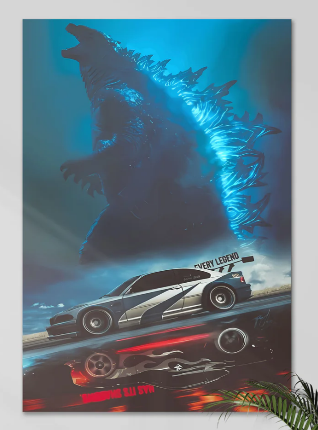 Godzilla x Nissan GTR R34 Concept Cars Poster Art Print