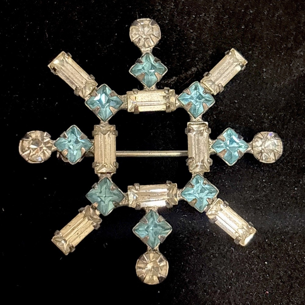 vintage snowflake brooch Rhinestone Blue Clear 1.5