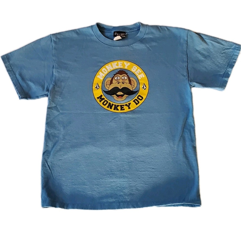 Volcom Boy's Monkey Graphic T-Shirt Blue Crew Neck Short Sleeve L