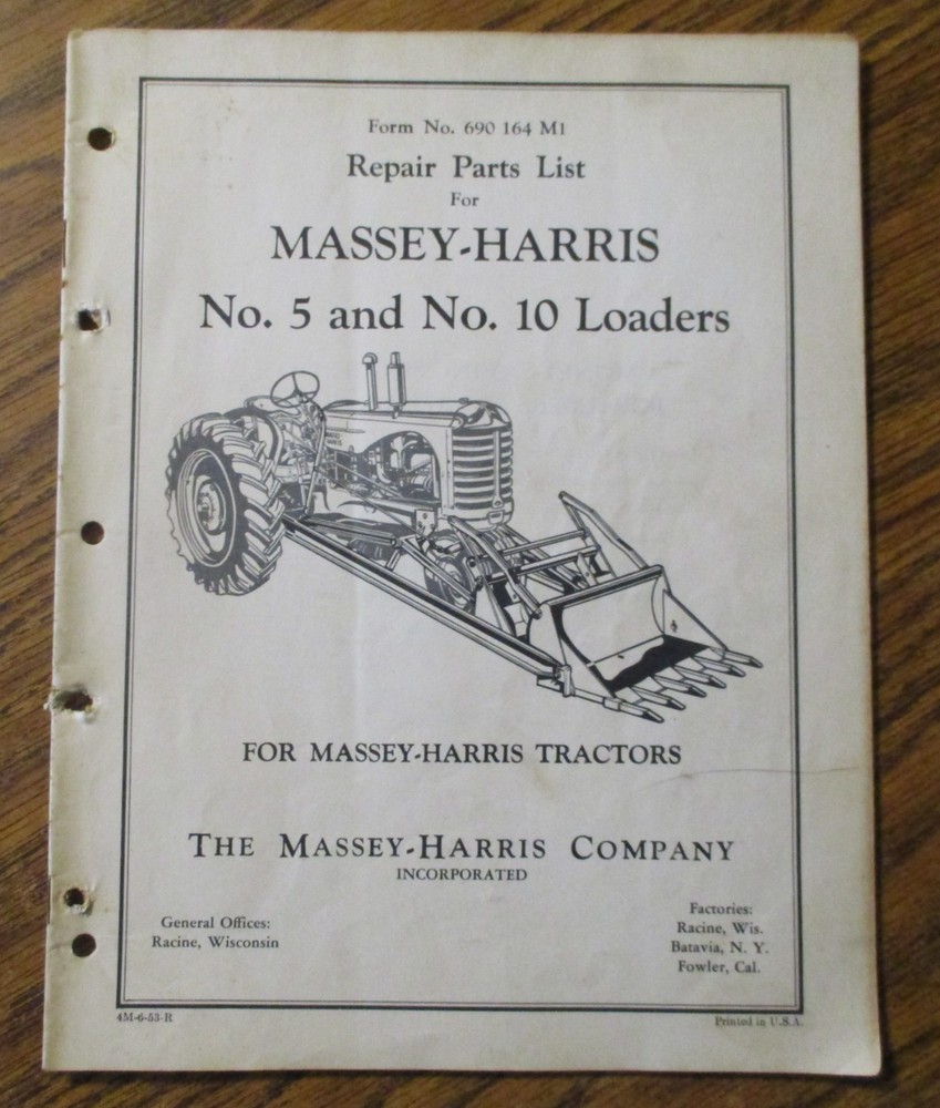Massey Harris Tractor 5 & 10 Front End Loader Parts Book Catalog Manual 1953 MH
