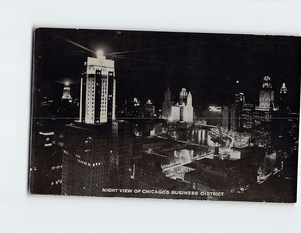 Postcard Night View Of Chicago's Business District Illinois
