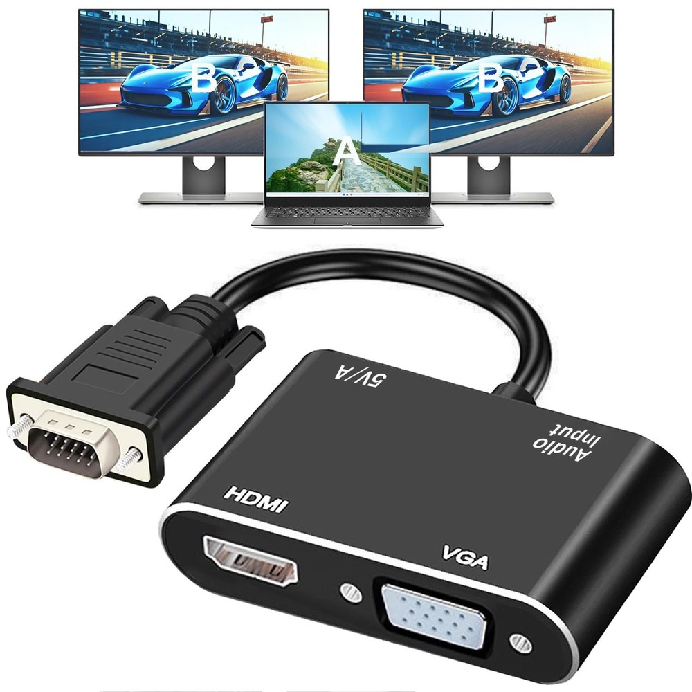 Dual Monitor VGA to HDMI and VGA Adapter for Extended Displays