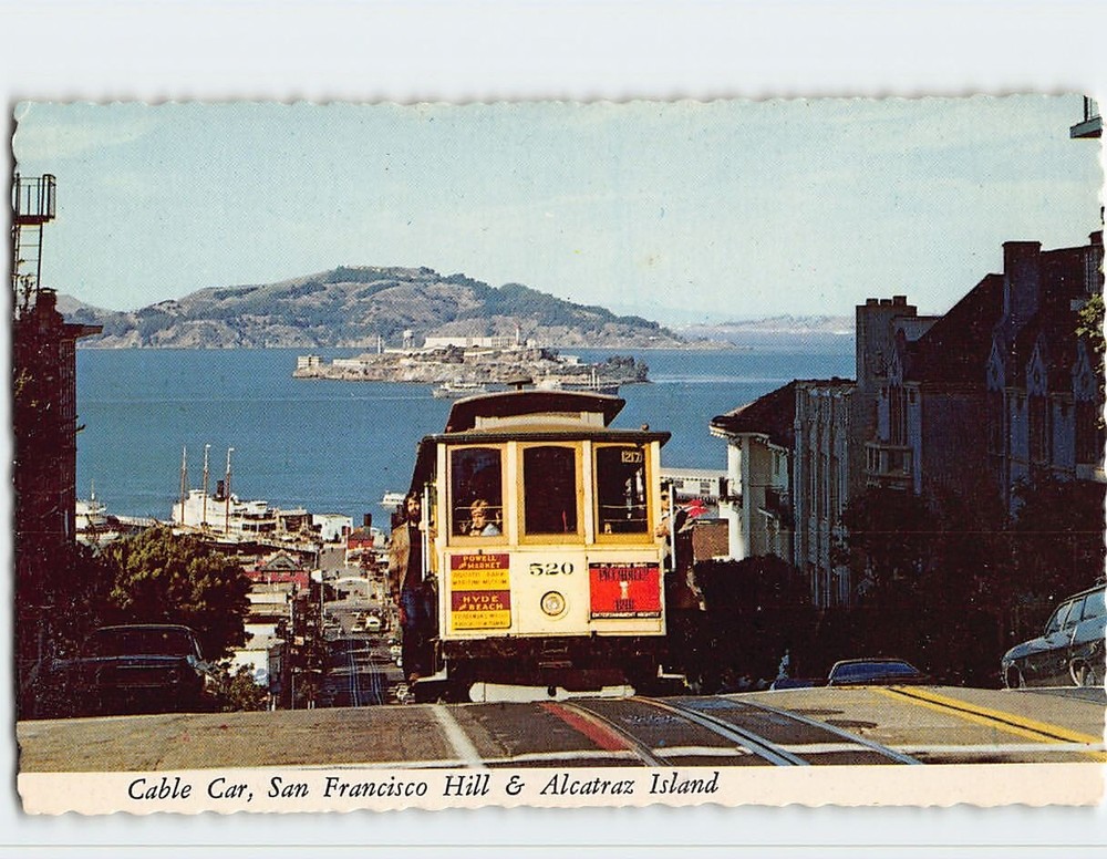 Postcard Cable Car on San Francisco Hill & Alcatraz Island California USA