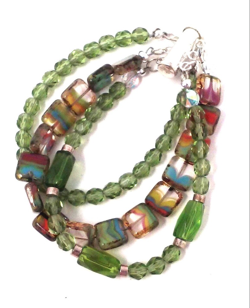 Artisan Sterling Czech Glass Picasso Square Beads & Green Crystal Bracelet 7.5
