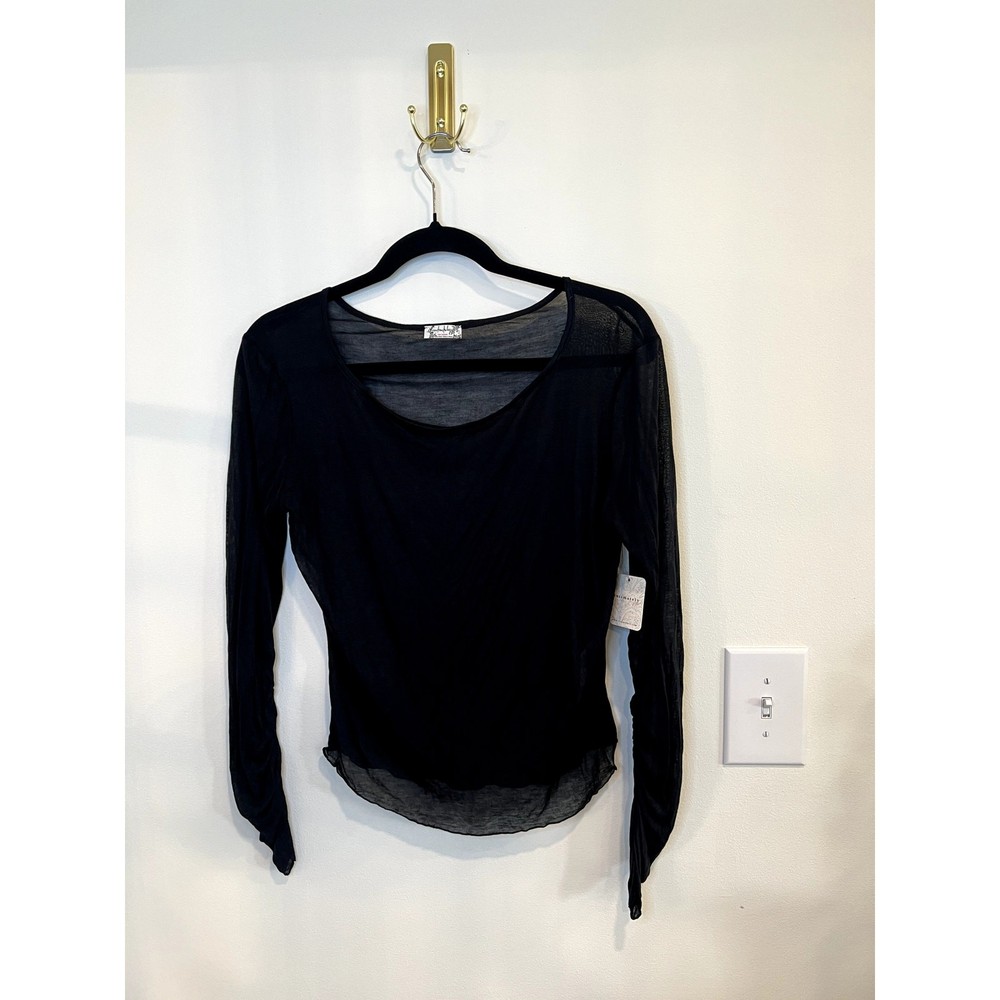 Free People Intimately Black Sheer Mesh Long Sleeve Top Ruched Sleeve S NWT