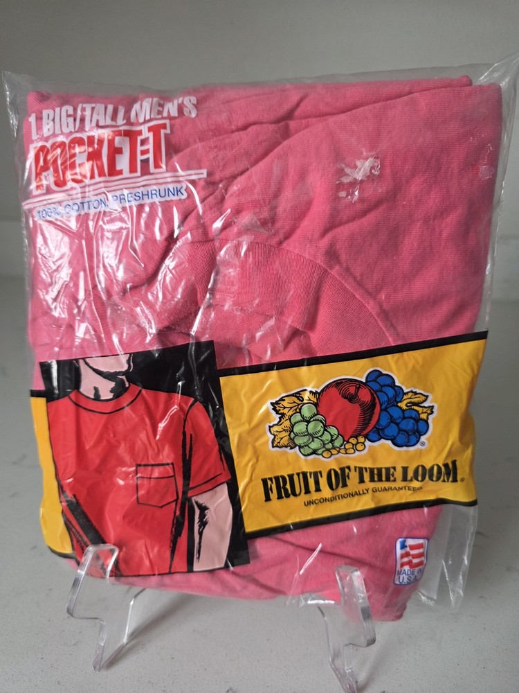 VTG 1991 NOS Fruit of the Loom Pink Pocket T-Shirt USA Size 2XL SINGLE STITCH