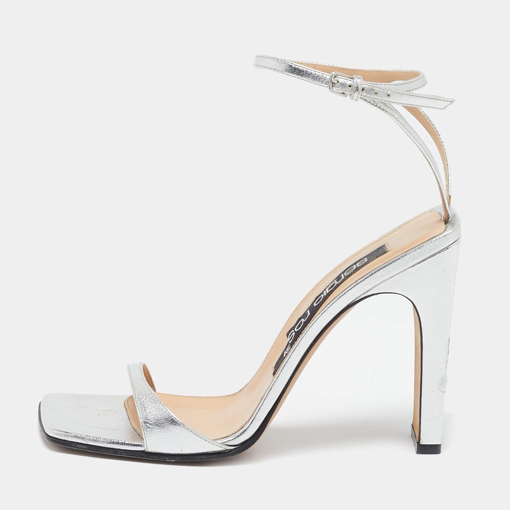 Sergio Rossi Silver Leather Ankle Strap Sandals Size 39