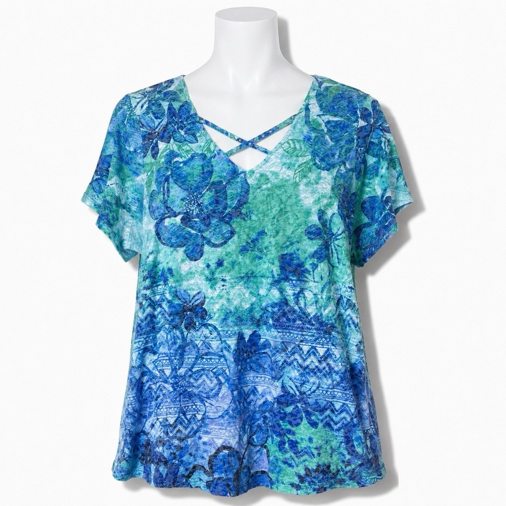 RUBY RD Top 1X Blue Green Short sleeve Floral Tropical Lightweight Breezy Resort
