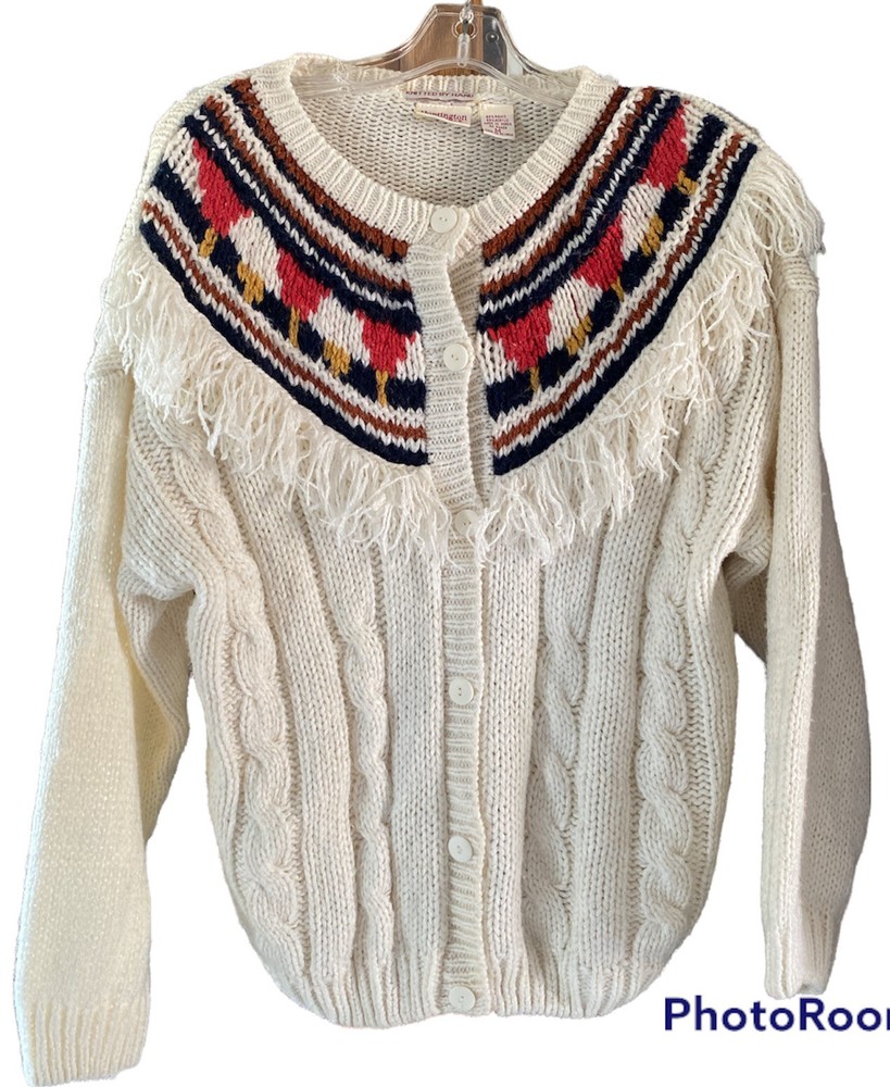 Huntington Ridge Sweater Med Fringe Button Front Knitted By Hand White