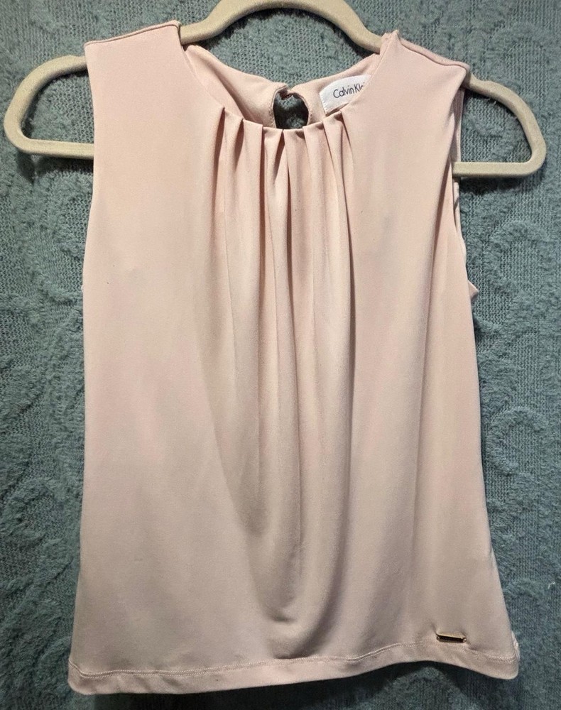 Calvin Klein Blouse Women’s PS Light Pink Pleated Neck Stretch Sleeveless Office