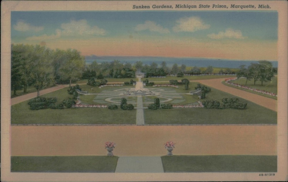 Sunken Gardens Marquette Michigan State Prison Postcard Curt Teich 1950s Color