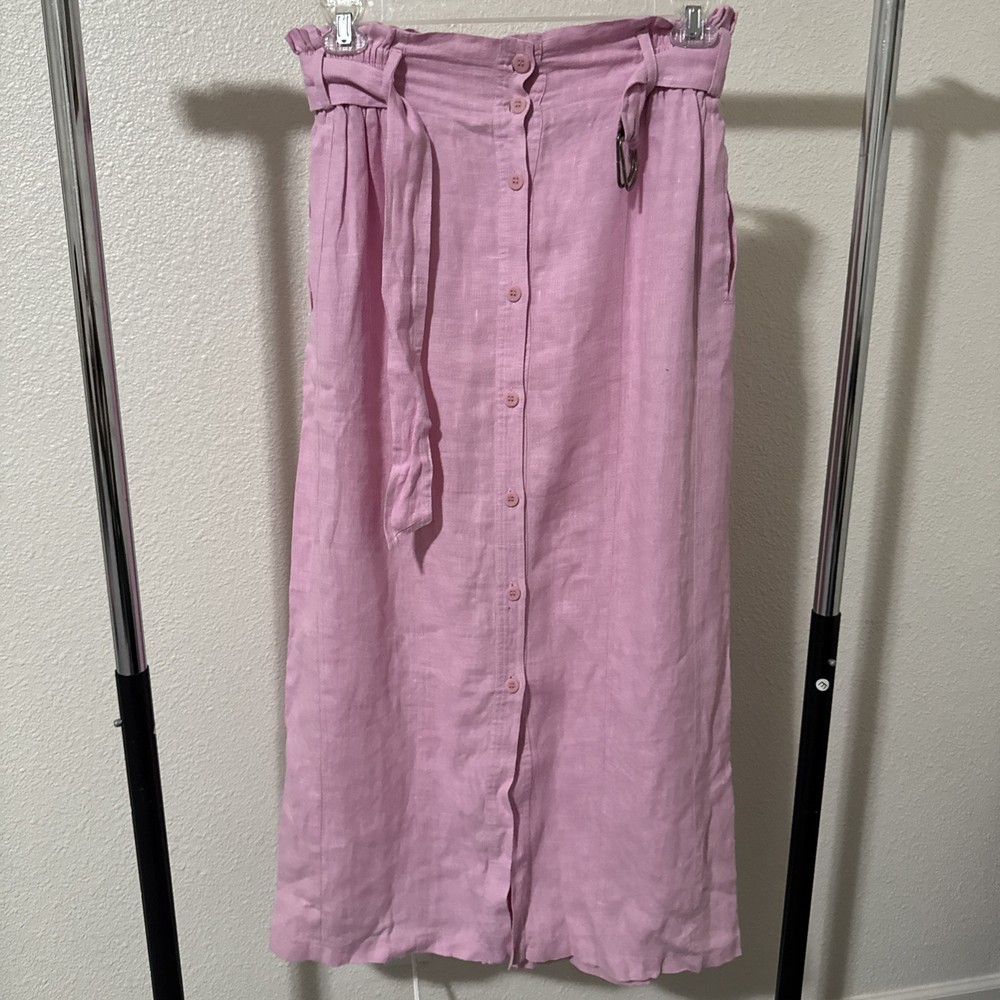 VTG Harve Benard A-line Midi Button Pink 100% Linen Skirt