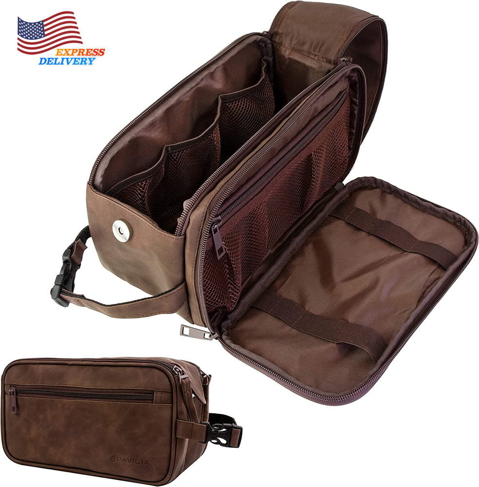 Large Men's Leather Toiletry Bag Travel Shaving Dopp Kit Organizer Bag w/ Zipper