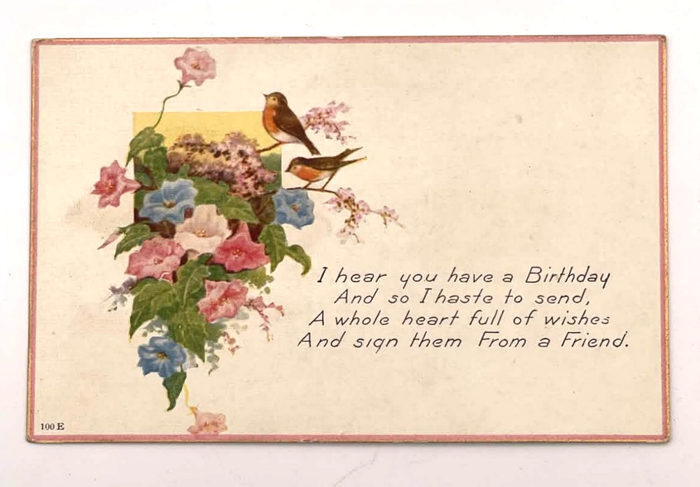Antique Birthday Greeting Birds Flowers Poem Friendship Postcard
