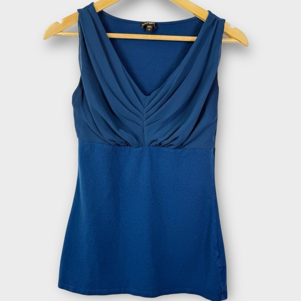 Y2K Express Pleated V Neck Tank Top Women Size S Blue Coquette Office Siren