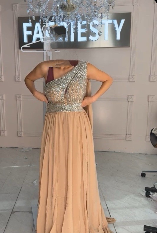 Faeriesty One-Shoulder Beaded Evening Gown With Long Cape/ Scarf Size L