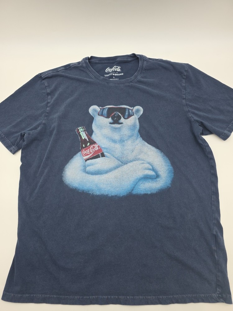 Coca-Cola Lucky Brand Shirt Mens Large Blue Polar Bear Graphic Tee Tagless#45084