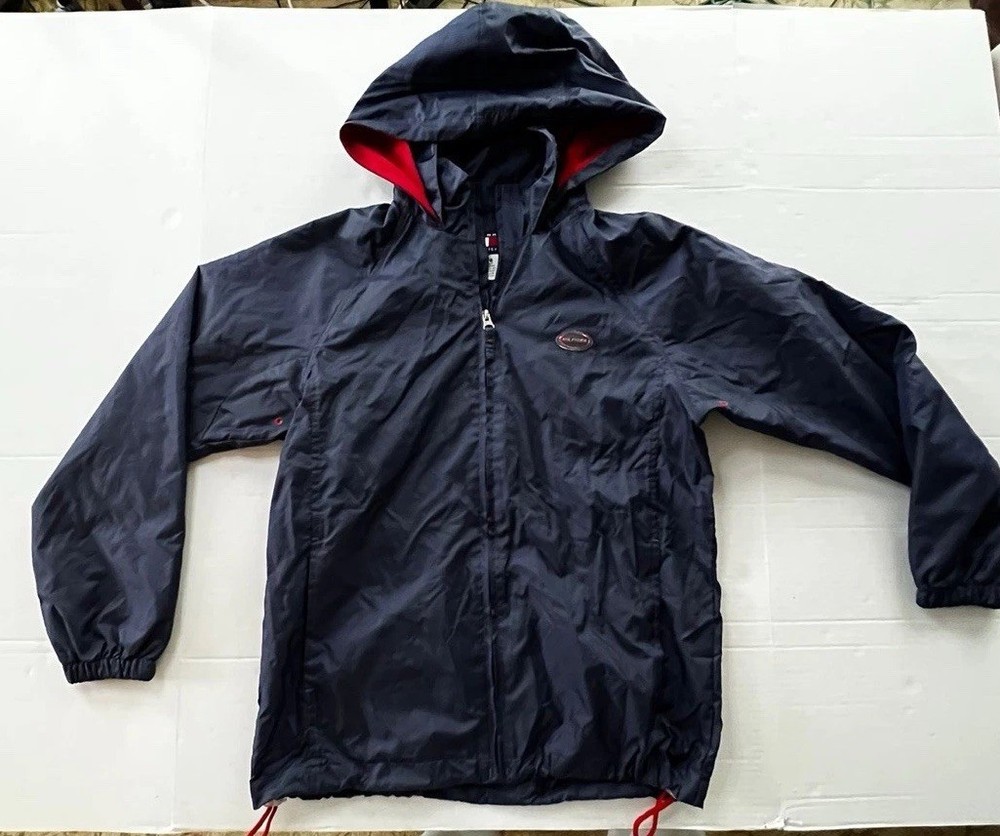 Tommy Hilfiger Rain Jacket Womens L Navy Blue Hooded Windbreaker Full Zip