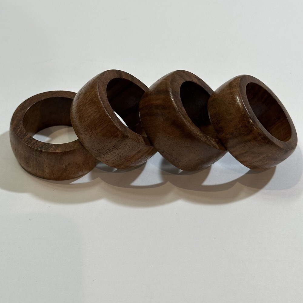 Wooden Napkin Rings Set Of 4 Round Barrel Shape Dark Brown Wood Grain Farmhouse
