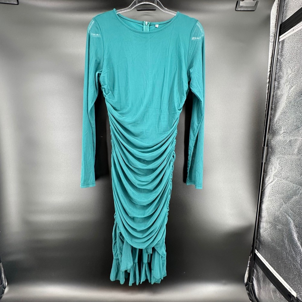Women's Maxi Long Sleeve Ruched Bodycon Ruffle Mermaid Cocktail Mesh Dress