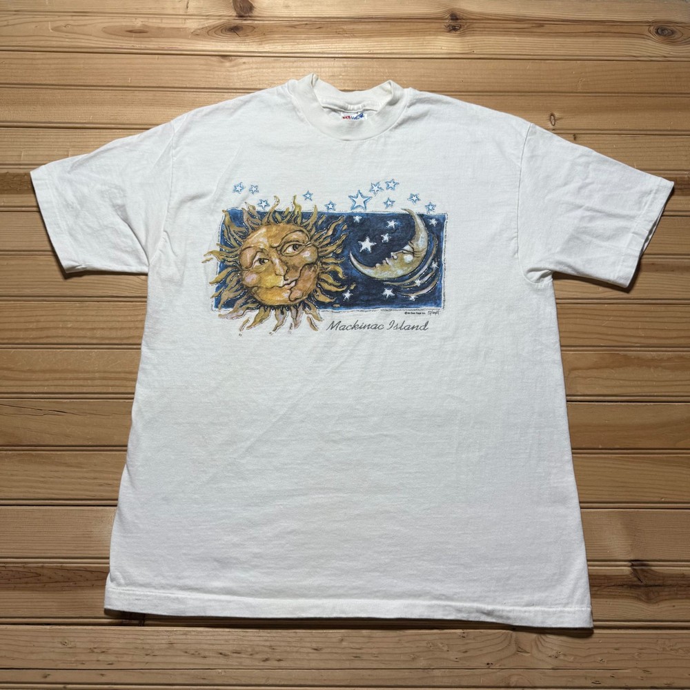 Vintage 1994 Mackinac Island Sun Moon Stars Glitter Souvenir T-Shirt USA - Large
