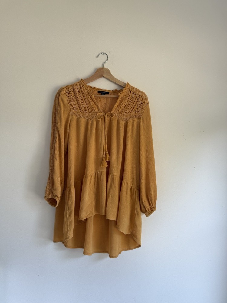 ✿ American Eagle Boho Mustard Tunic Boho Crochet Lace Detail Peasant Style Hi-Lo