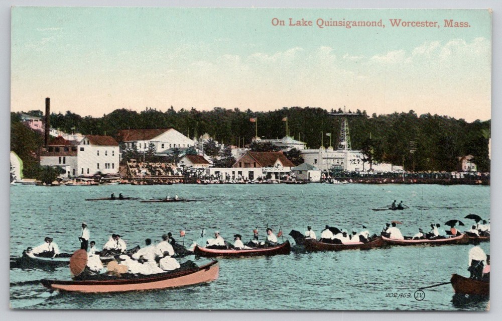 Antique Postcard Lake Quinsigamond Worcester MA Boating Canoes Valentine & Sons