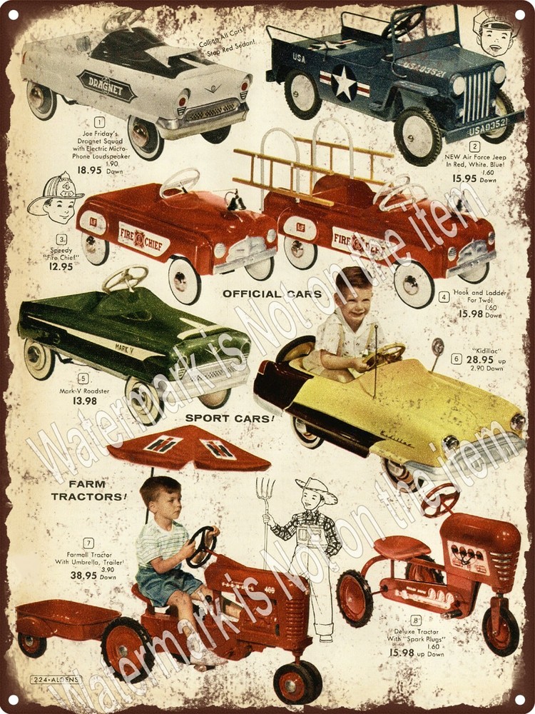 1956 Pedal Car Dragnet Air Force Jeep IH Farm Tractor Metal Sign 9x12
