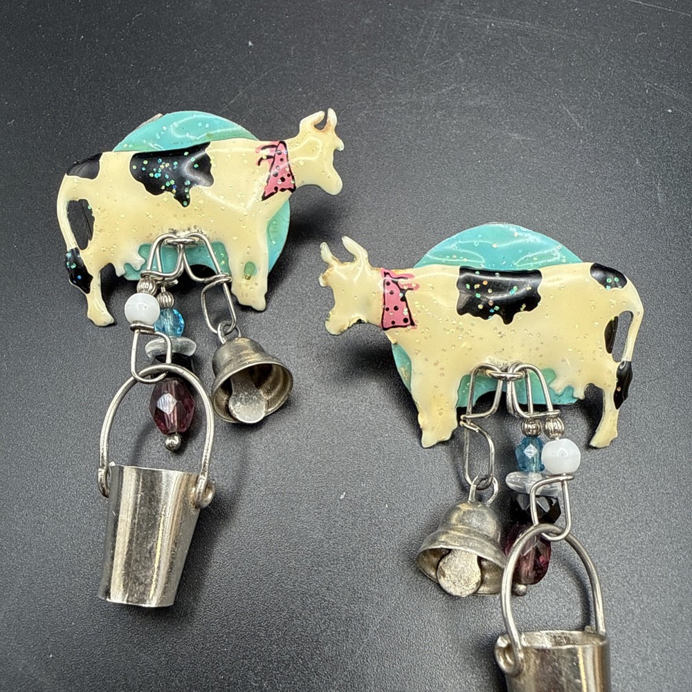 Vintage LUNCH AT THE RITZ Silver Tone Enamel Cow Pierced Earrings  Signed