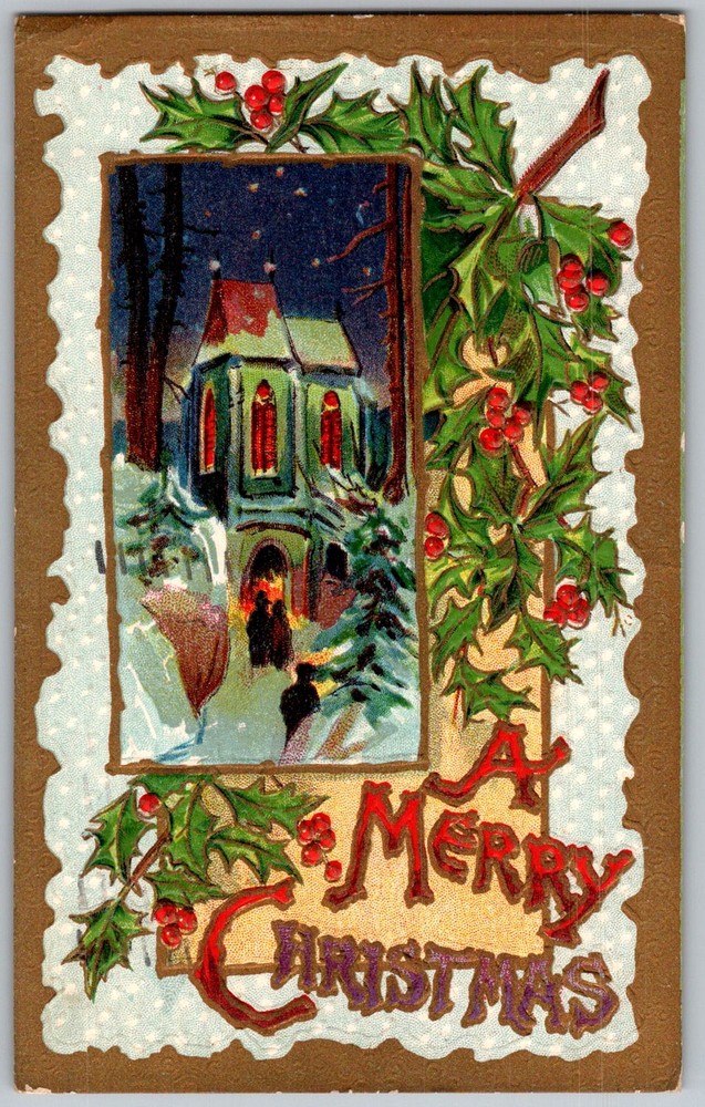 Antique Postcard Christmas Church Scene Holly Buffalo, NY 1910s