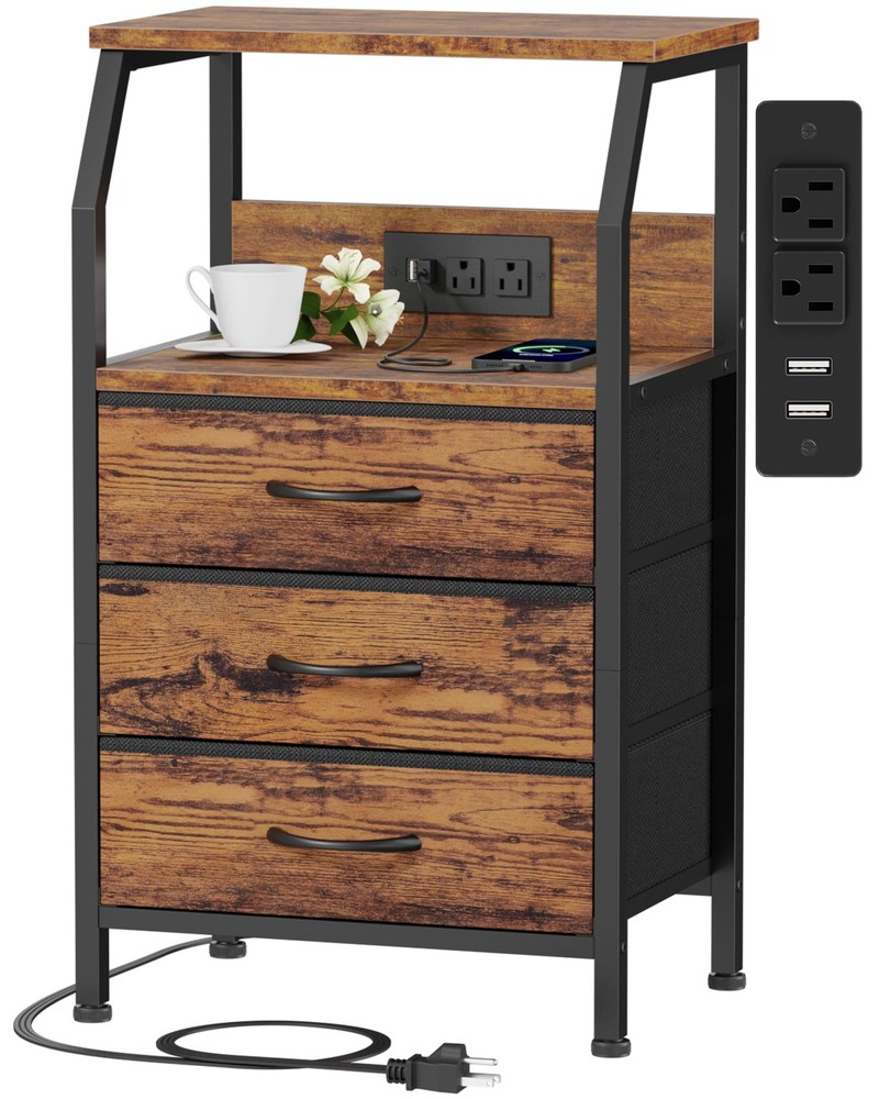 Bedside Nightstand with Charging Station, USB  Outlets, 3-Drawer Rustic Brown