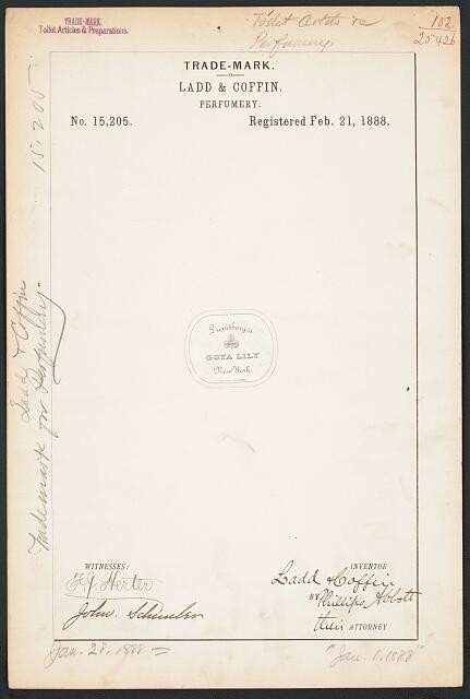 Photo:Ladd Coffin Lundborg Goya Lily Perfume Trademark Registration 1888