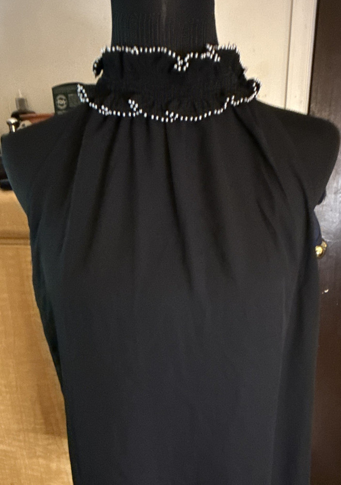 Ann Taylor Black Solid Sleeveless High Neck Ruffle Beaded Blouse Women's S