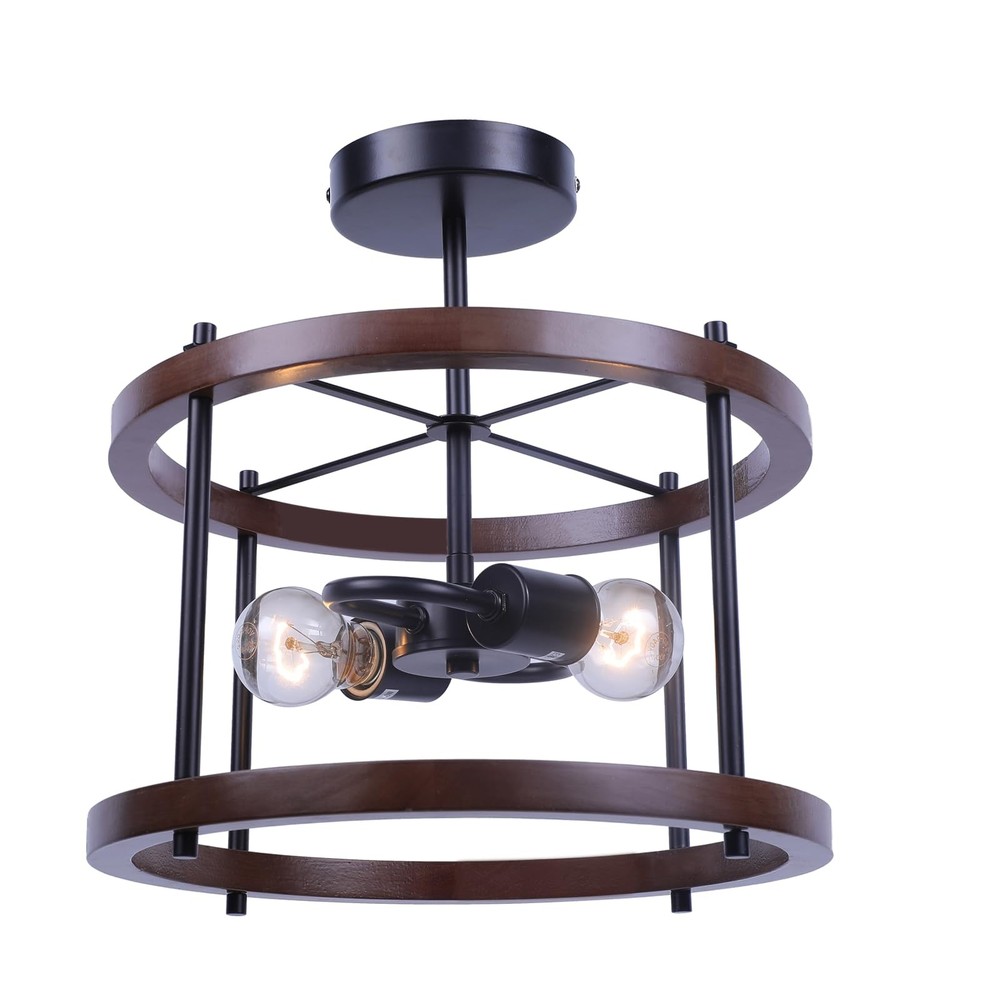 Farmhouse Semi Flush Mount Ceiling Light,2-Light Retro Black Metal and Wood C...