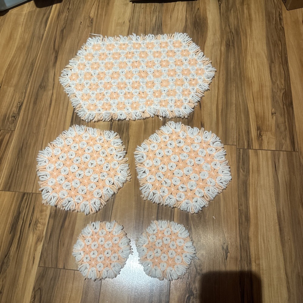 VINTAGE Set of 5 Peach Hand Loomed Doilies Or Trivets