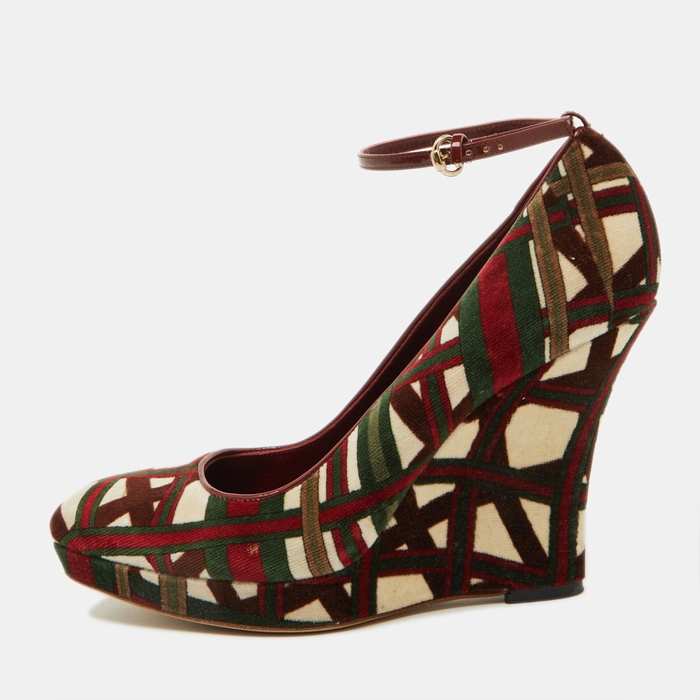 Gucci Multicolor Velvet Platform Wedge Pumps Size 39.5